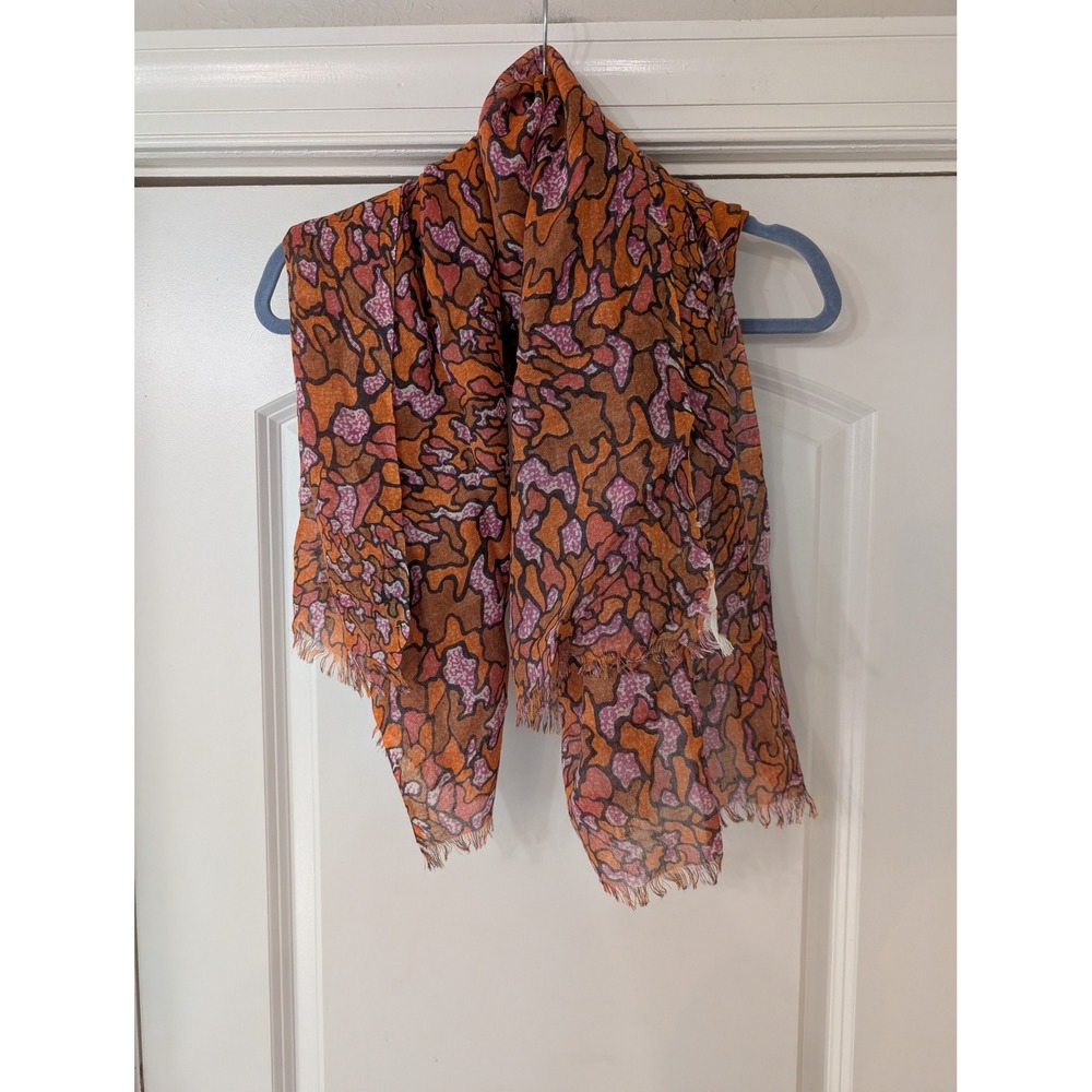 Saks Fifth Avenue Wool Silk Abstract Print Scarf Orange Fringe O/S fall earthy